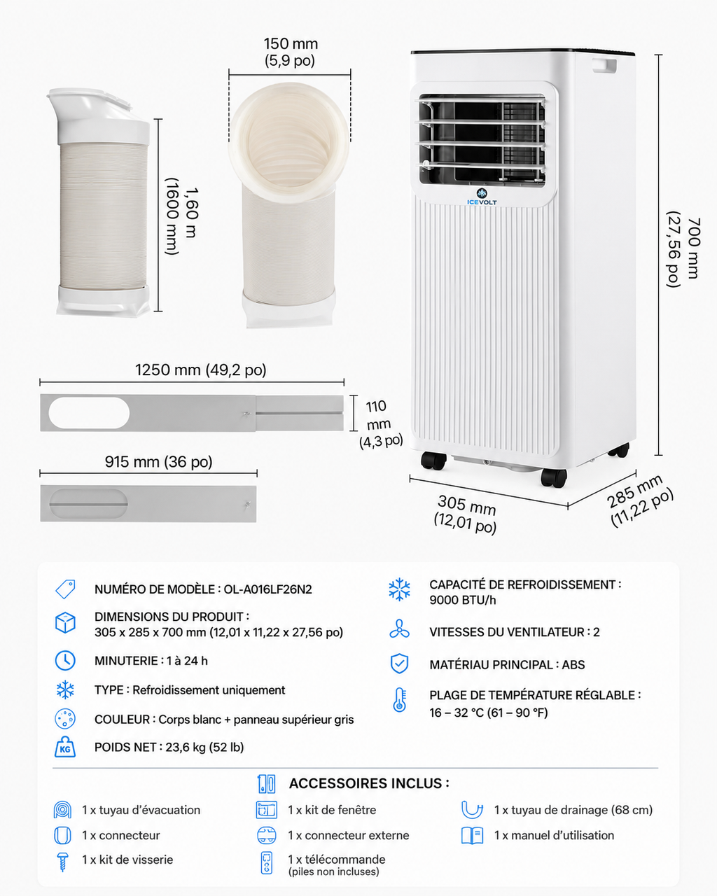 Climatiseur Portable 3-en-1 Refroidissement, Déshumidification et Ventilation.