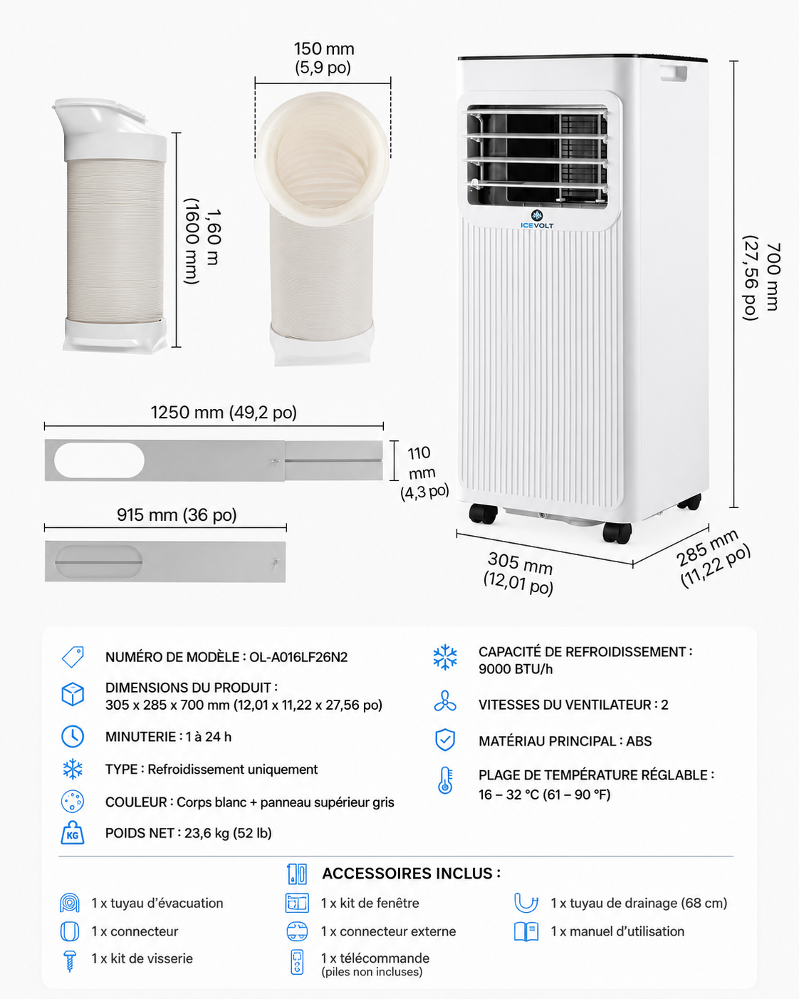 Climatiseur Portable 3-en-1 Refroidissement, Déshumidification et Ventilation.